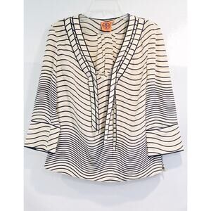 Tory Burch Iriana Silk Top Womens size 4 Beige Striped Tie V neck 3/4 Sleeve